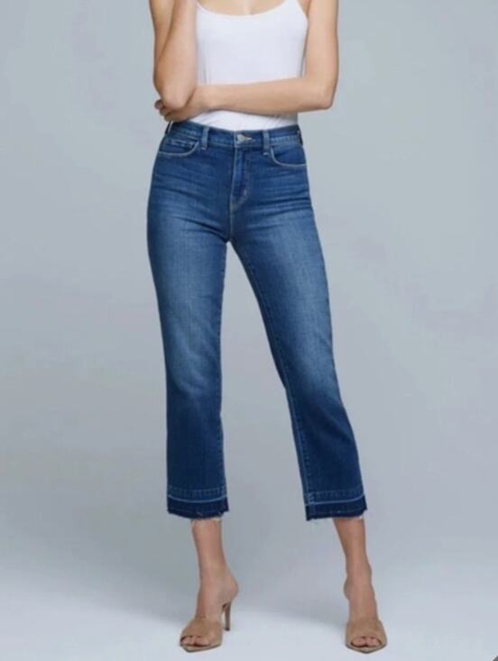 L'AGENCE Denim - L'Agence Harris Frayed High Rise Cropped Jeans Sz 28 Dark Wash Denim Casual
